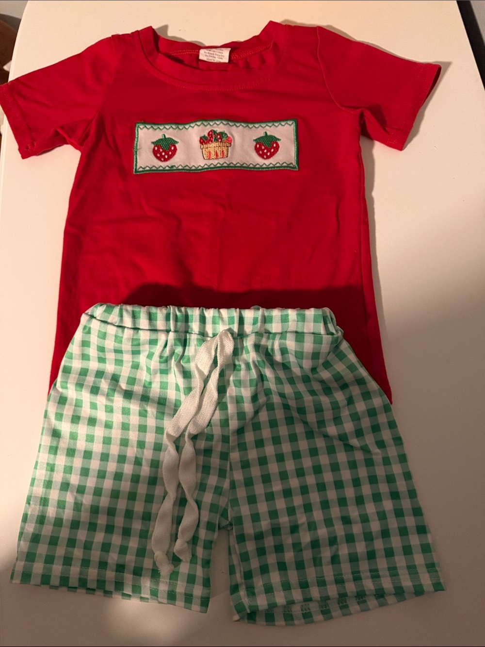 Boy’s Red Strawberry Appliqué Tee with Green Gingham Shorts Set